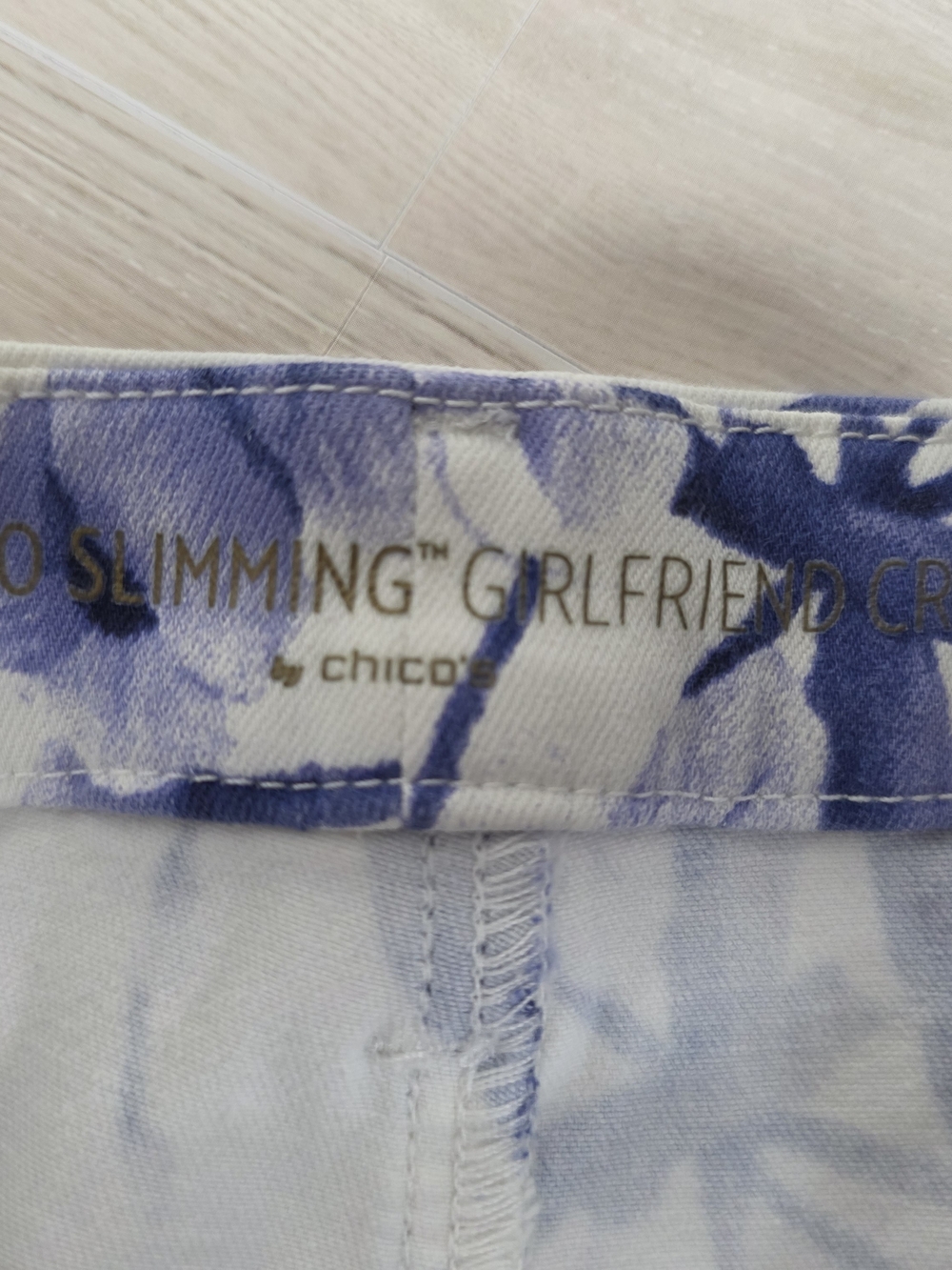 Chico's Floral Print Slimming Girlfriend Crop Pants - Blue on White - Picture 6 of 7